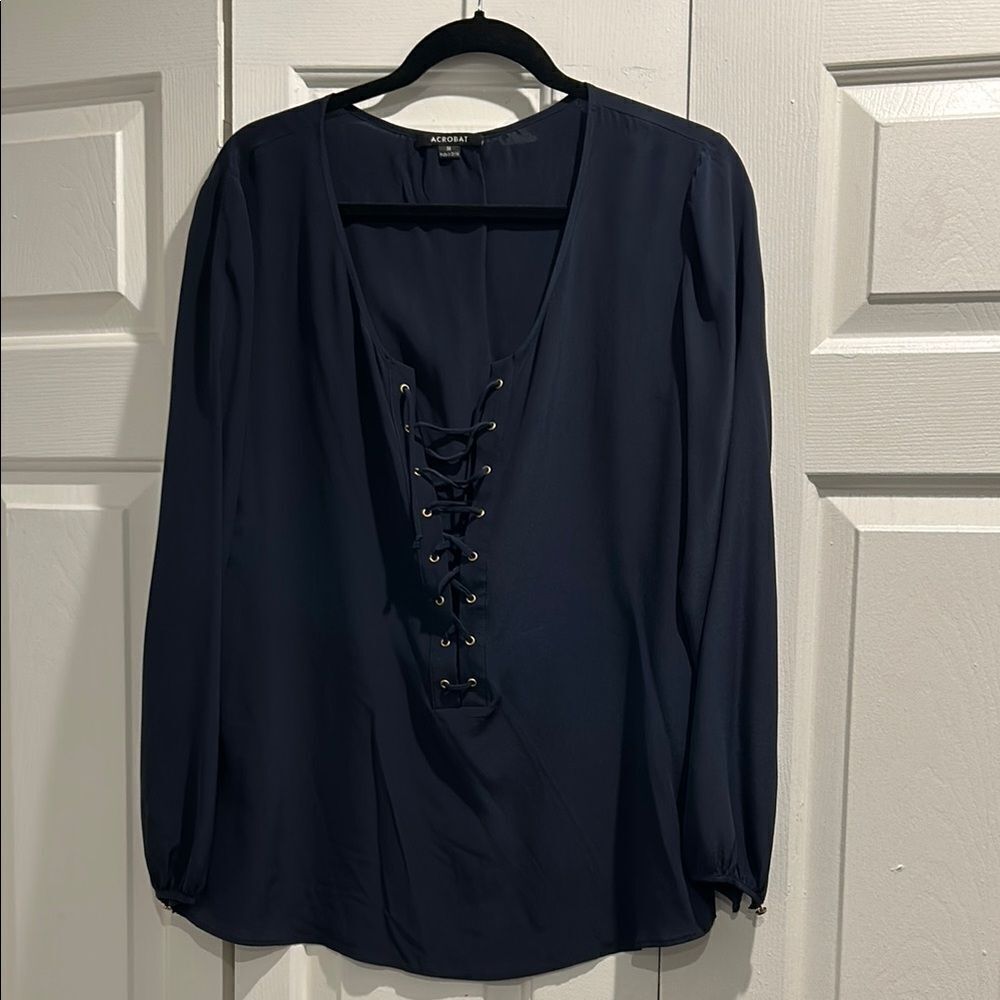 Acrobat Navy Lace-Up Blouse, Size Medium
